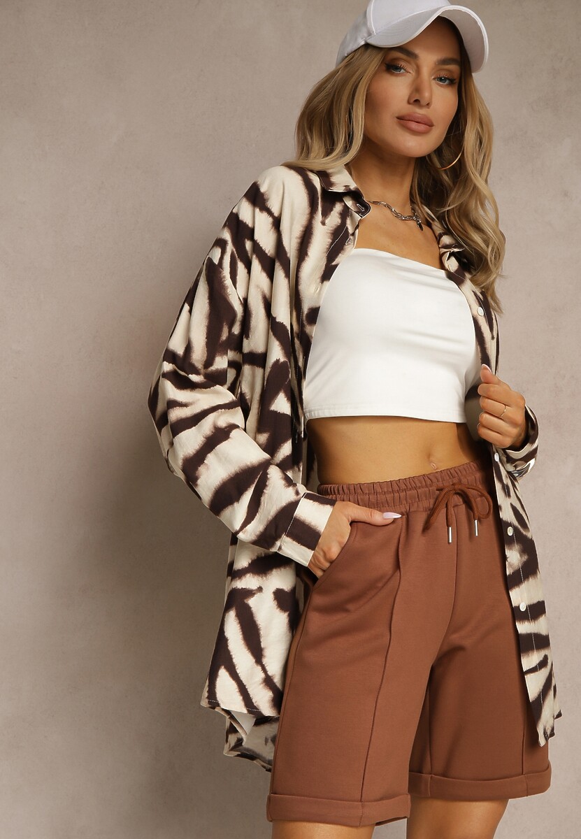 Brązowe Casualowe Szorty High Waist z Kieszeniami Wykończone Gumką Shezetta