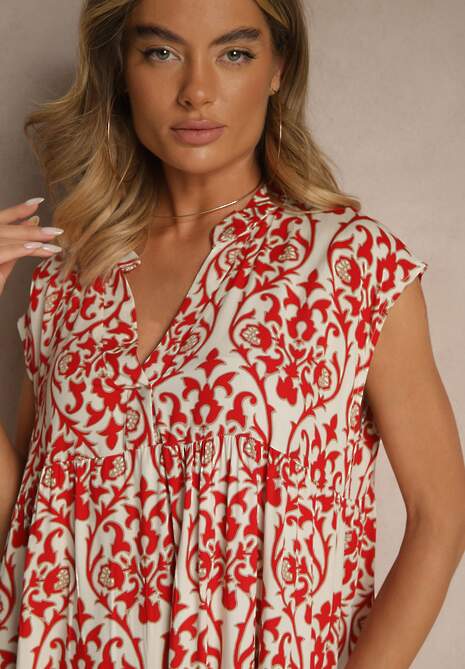 Czerwona Rozkloszowana Sukienka z Bawełny z Falbanką  Livalia