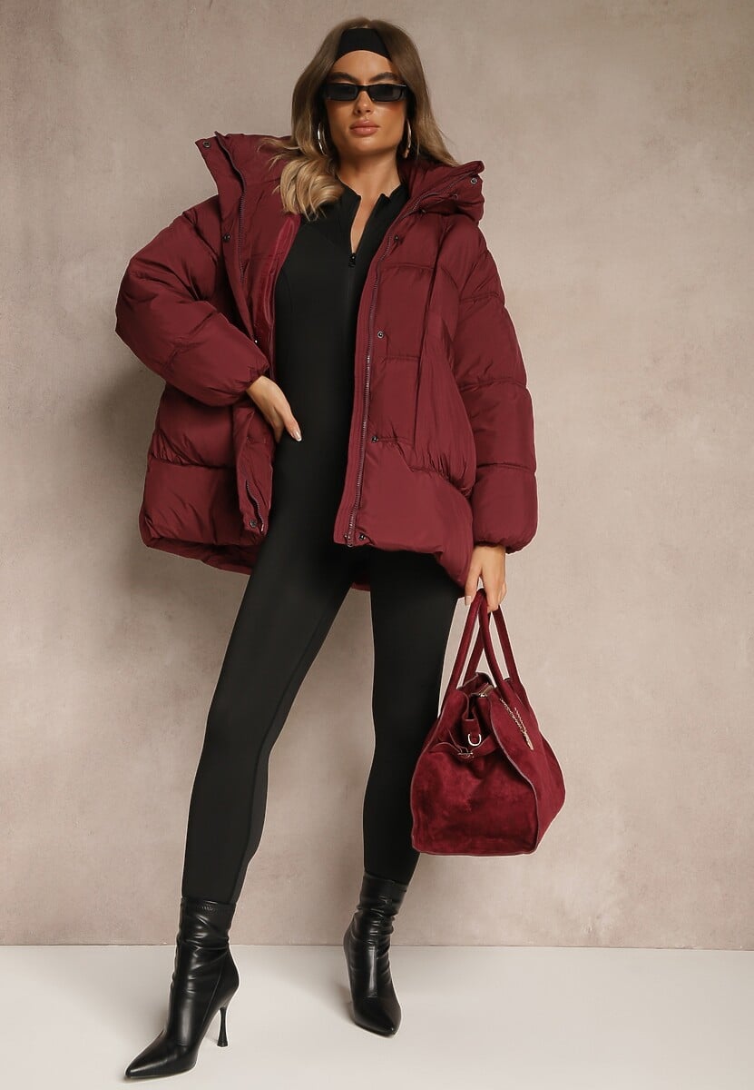 Bordowa Kurtka Oversize z Pikowanymi Przeszyciami i Kapturem Galeana