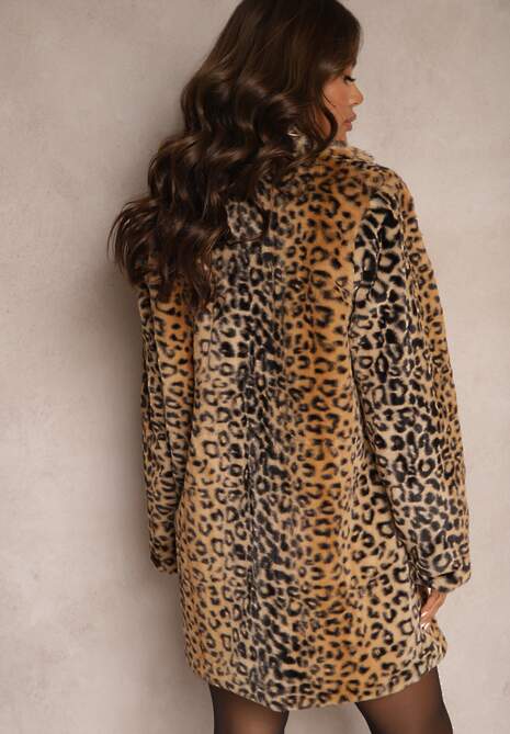 Beżowy Futrzany Płaszcz w Panterkę o Jednorzędowym Kroju z Kieszeniami Lorenciah