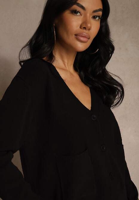 Czarny Kardigan na Guziki z Domieszką Kaszmiru Vetiella