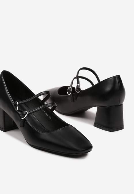 Czarne Czółenka na Niskim Obcasie z Cienkimi Paskami i Sprzączkami Fortantia