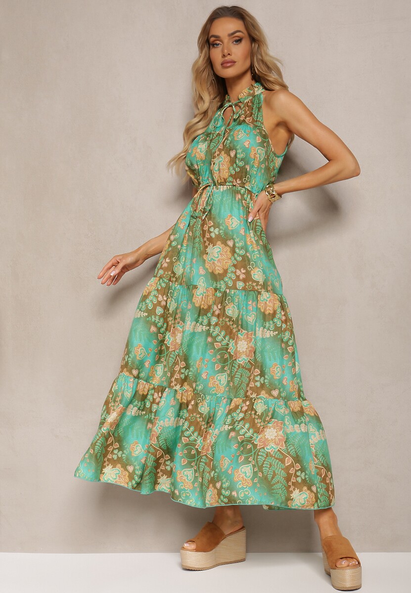 Zielona Sukienka w Stylu Boho z Gumką w Talii i Ozdobnym Wiązaniem Piofara
