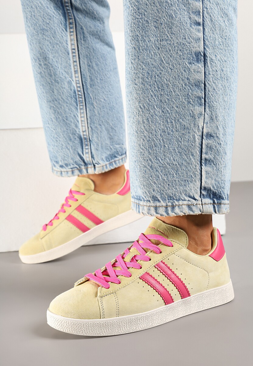 Żółte Sneakersy Zamszowe Typu Tenisówki ze Skórzaną Wkładką Ciarivione