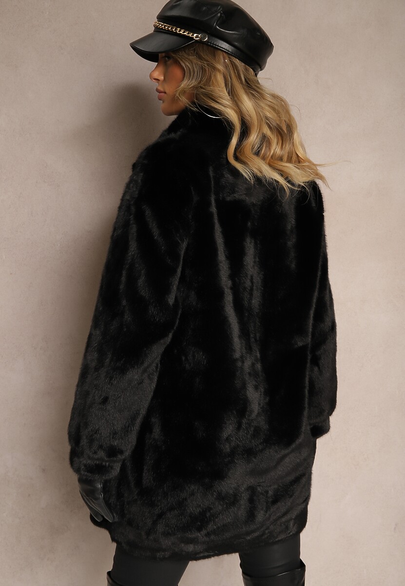 Czarny Płaszcz z Futerka o Prostym Kroju ze Stójką i Kieszeniami Saliratia