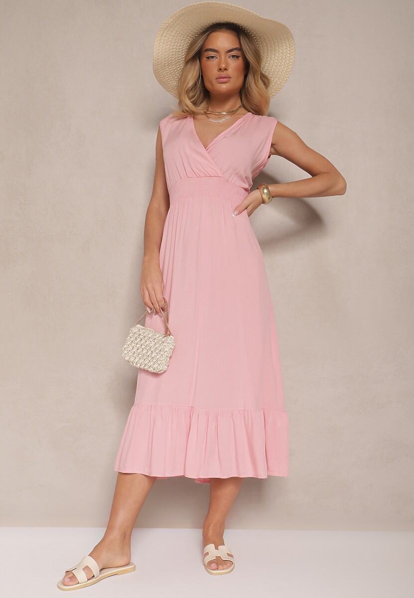 Różowa Kopertowa Sukienka z Wiskozy Zdobiona Falbanką Ularisela