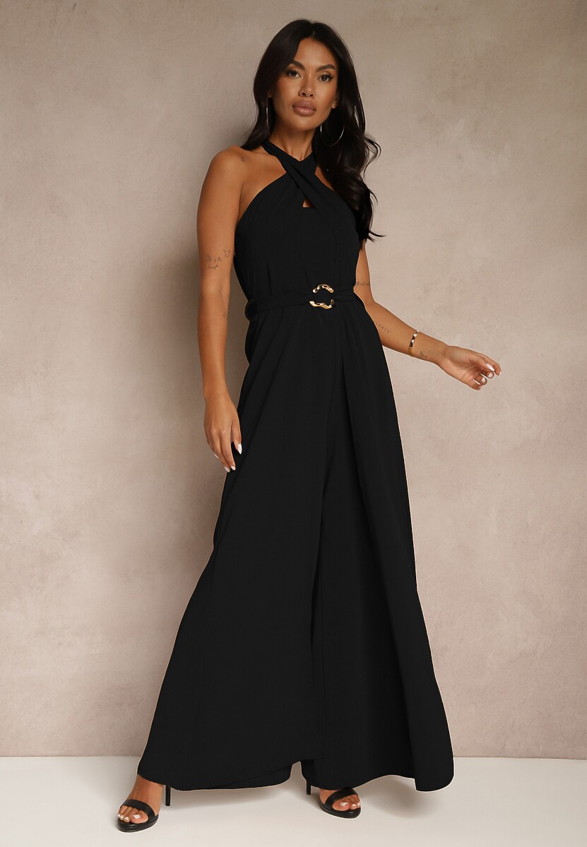 Czarny Kombinezon Koktajlowy Ozdobiony Paskiem z Metaliczną Klamrą Zermira