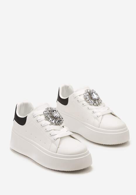 Biało-Czarne Sneakersy na Grubej Podeszwie z Ozdobną Aplikacją Kamienia  Danthia
