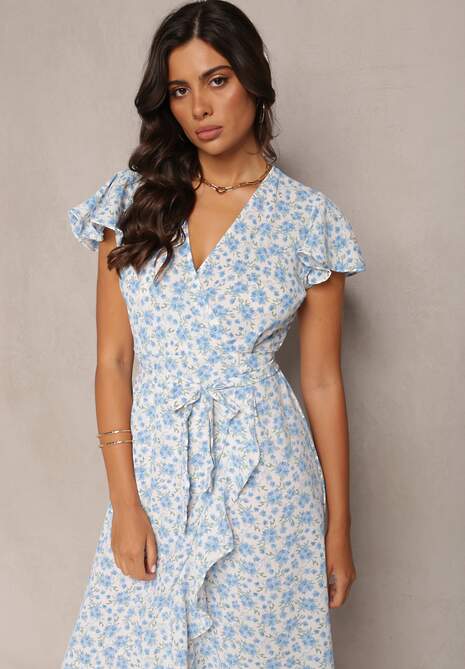 Niebieska Kopertowa Sukienka w Kwiaty Wakena