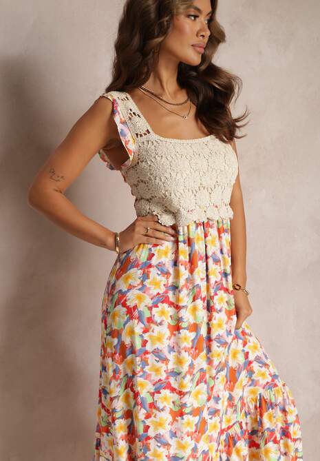 Żółto-Czerwona Maxi Wiskozowa Sukienka Maxi w Kwiaty z Kwadratowym Dekoltem Alten