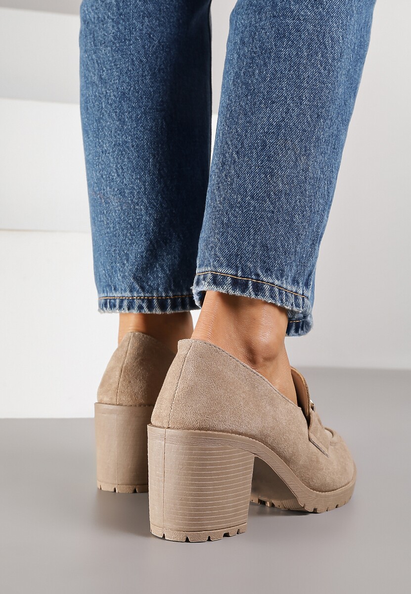 Ciemnobeżowe Półbuty na Grubej Podeszwie i Słupku z Przeszyciami i Klamrą Nizhoni