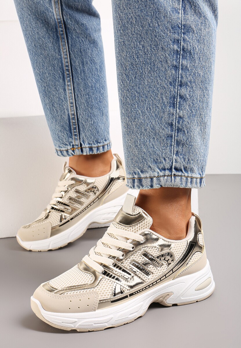 Złote Sneakersy na Grubej Podeszwie Ozdobione Przeszyciami Linarei