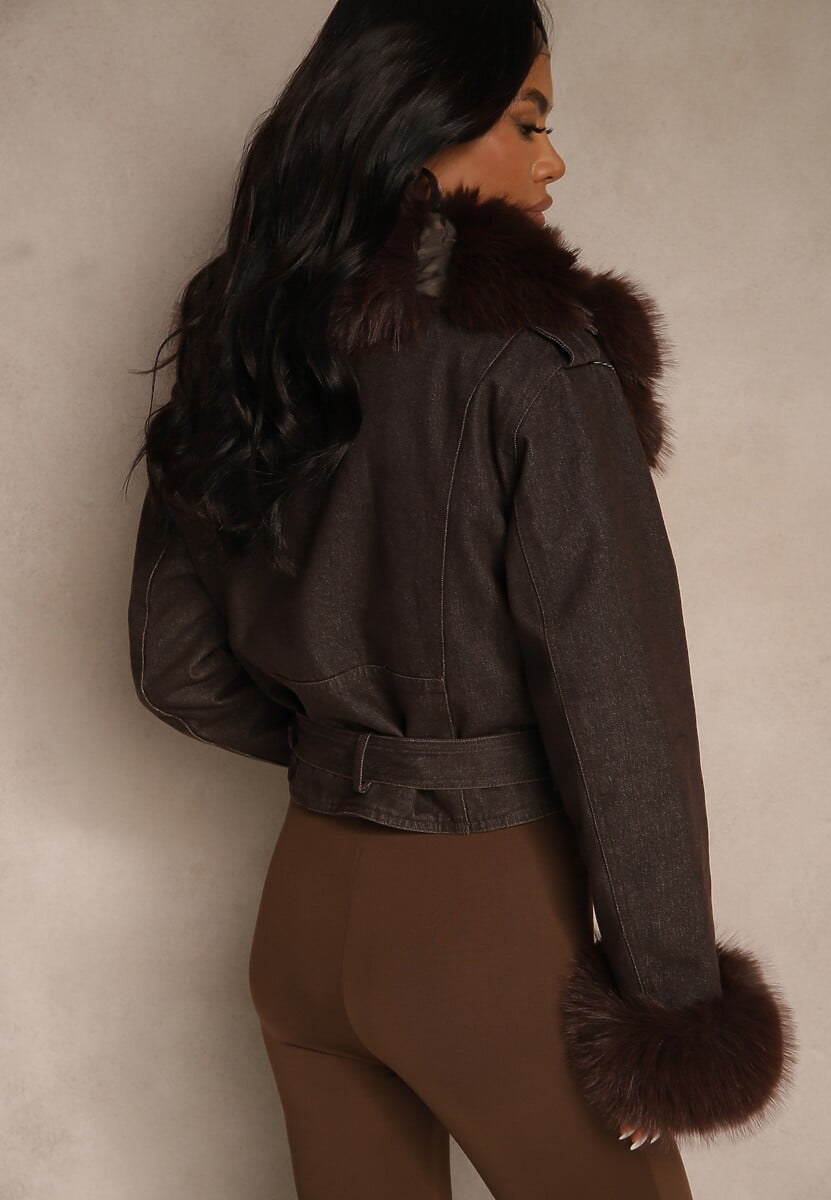 Brązowa Kurtka o Kroju Ramoneski z Ociepleniem Zdobiona Futrem Mevindana