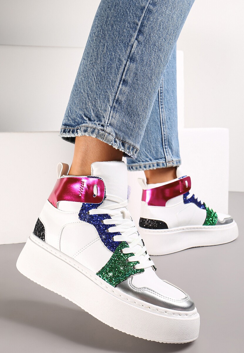 Biało-Niebieskie Sznurowane Sneakersy za Kostkę z Brokatem i Metalicznymi Wstawkami Sareena