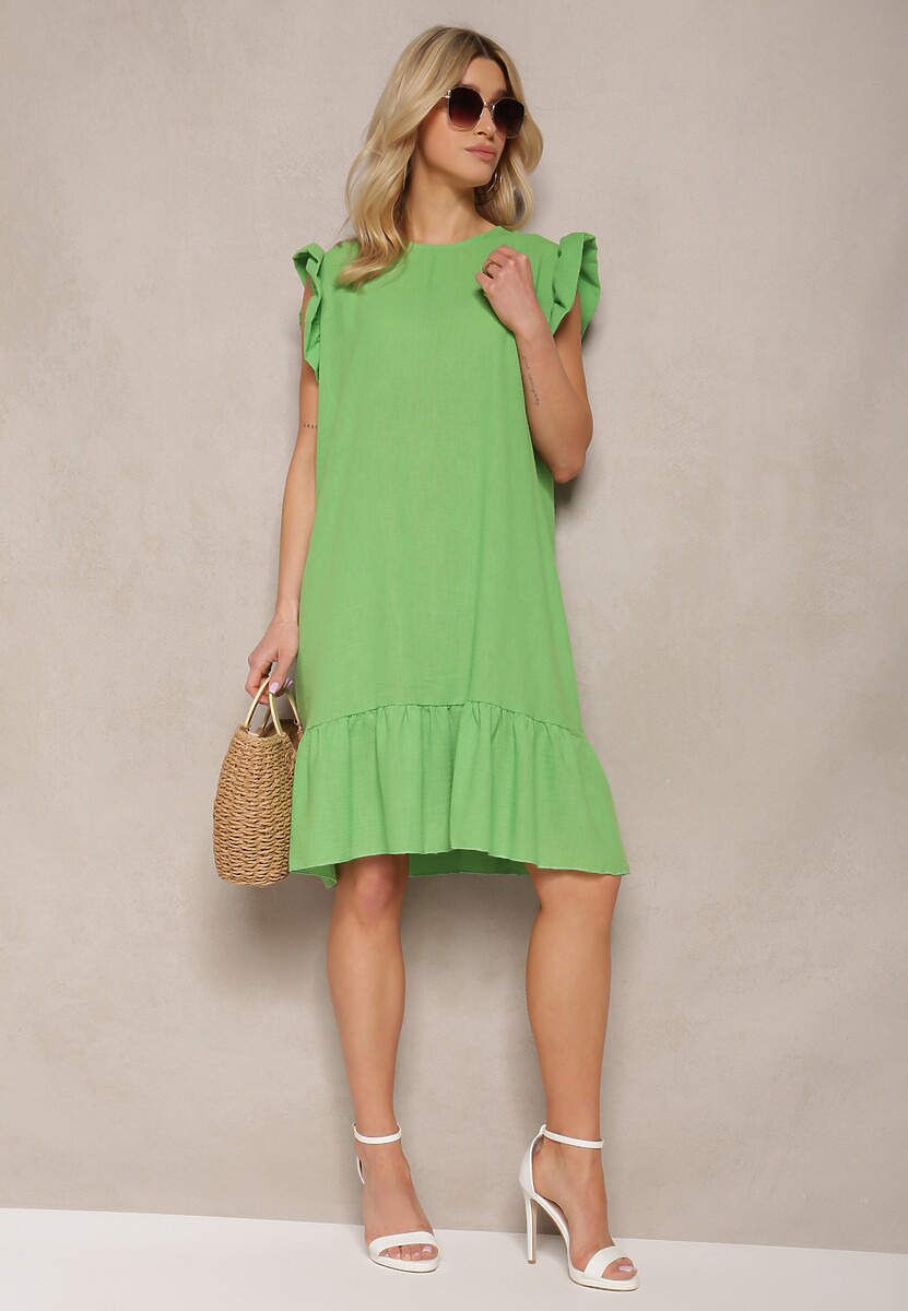 Jasnozielona Sukienka o Rozkloszowanym Kroju z Krótkim Rękawem i Falbankami Lavolia