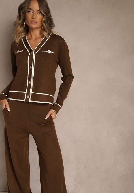 Brązowy Komplet z Dzianiny Spodnie Wide Leg i Retro Kardigan Giosila