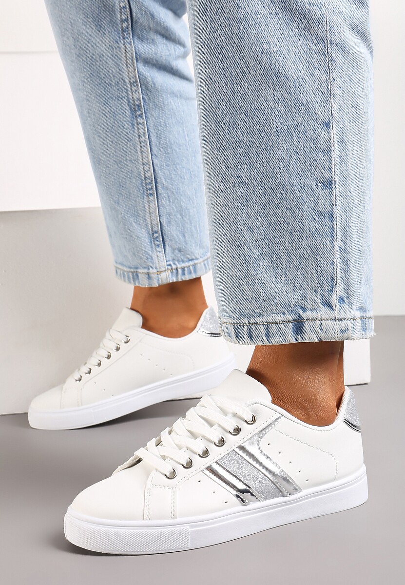 Biało-Srebrne Casualowe Sneakersy z Brokatem i Metalicznym Zdobieniem Tidalis