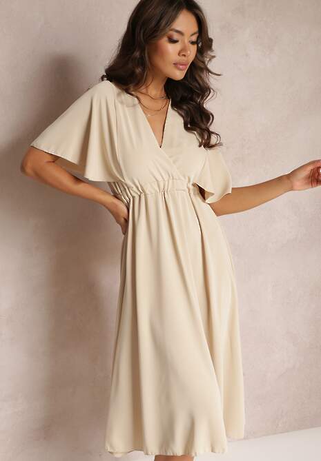 Beżowa Sukienka z Gumką w Talii Krótkim Rękawem i Kopertowym Dekoltem Kelila