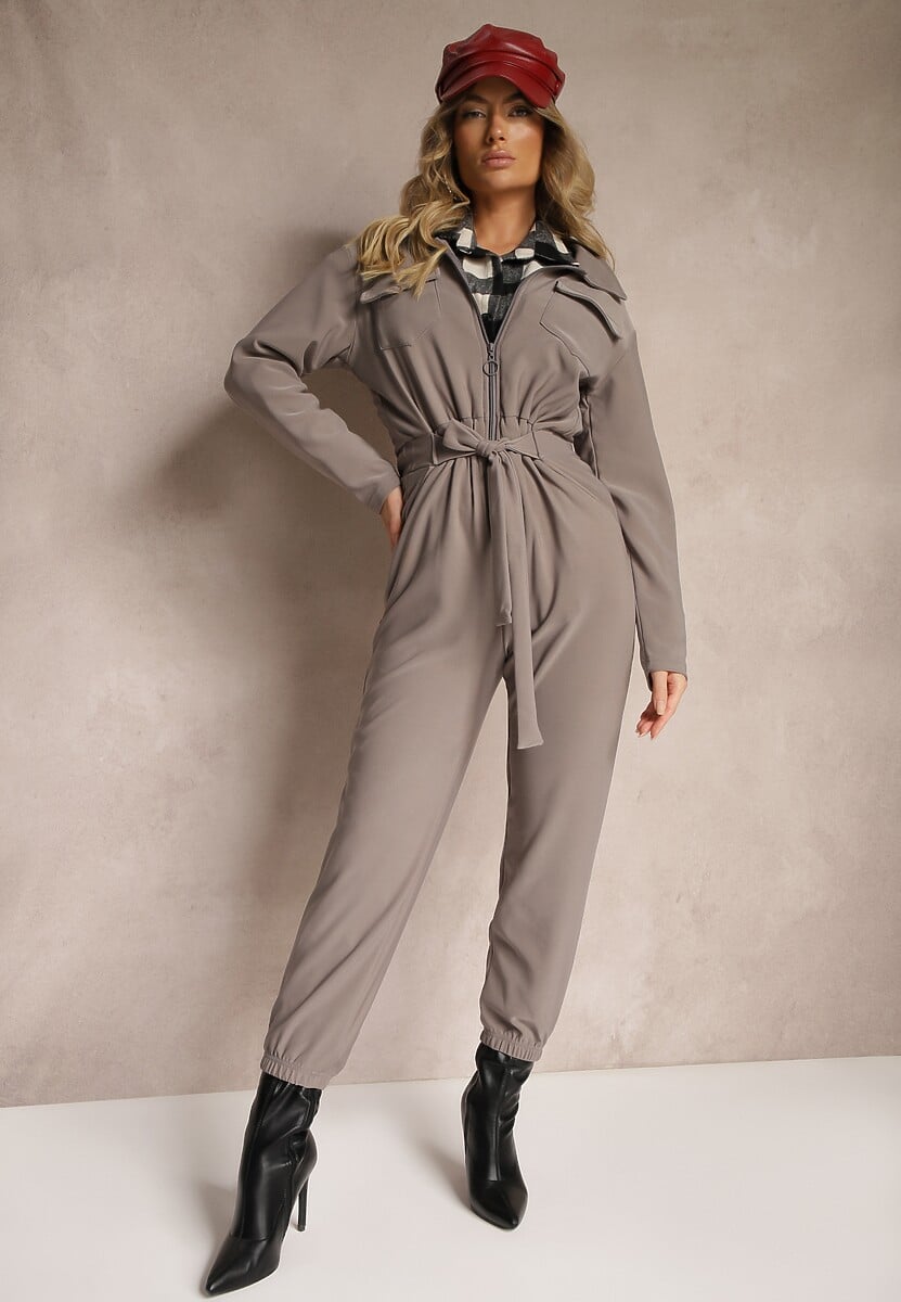 Szary Kombinezon z Gumką Dodatkowym Paskiem i Kieszeniami Lirelena