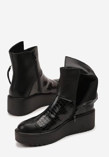 Czarne Botki Vices na Koturnie i Platformie Ozdobione Suwakiem Gattie