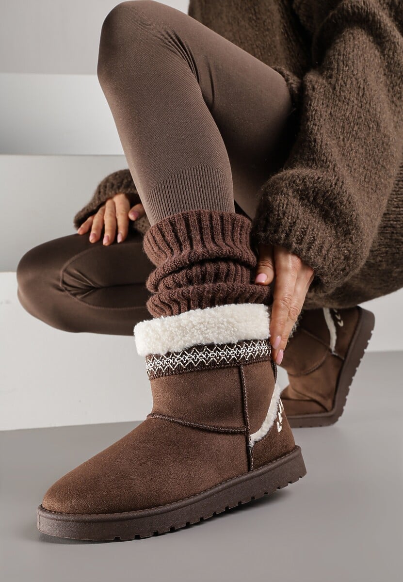 Bordowe Śniegowce o Wsuwanym Fasonie z Haftem i Futrem przy Cholewce Mevinadia