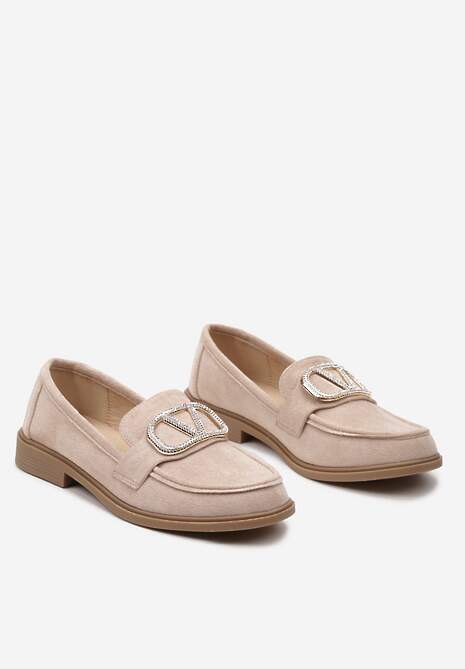 Ciemnobeżowe Mokasyny Ozdobione Klamerką i Cyrkoniami z Ekozamszu Ahira