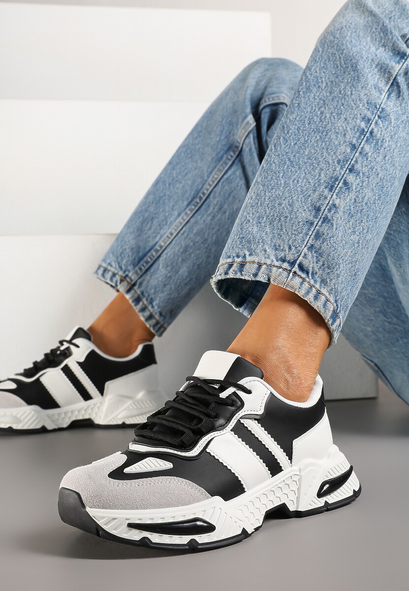 Czarno-Białe Sneakersy w Streetwearowym Stylu z Ozdobnymi Przeszyciami Isallena