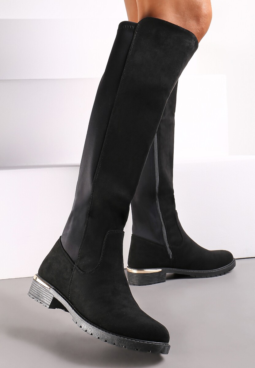 Czarne Kozaki na Płaskim Obcasie z Cholewką do Kolana Navella