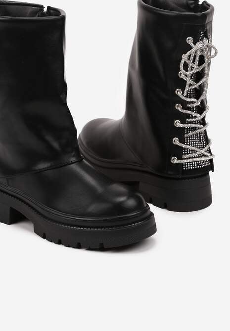 Czarne Botki z Cyrkoniami Wiązane z Tyłu Tariena