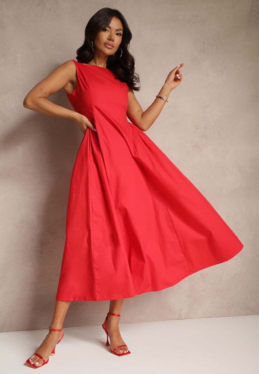 Czerwona Rozkloszowana Sukienka Koktajlowa z Bawełny z Dekoltem Łódką i Kieszeniami Fanilra