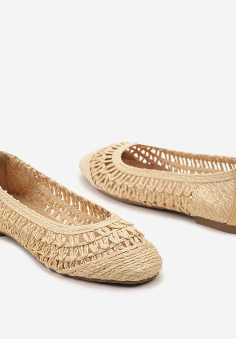 Beżowe Płaskie Balerinki z Imitacji Skóry o Ażurowym Wykończeniu Yines