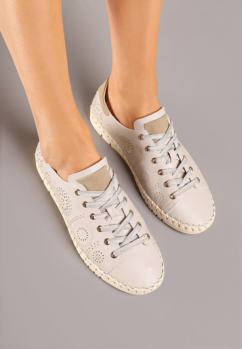 Beżowe Ażurowe Tenisówki z Ozdobnymi Przeszyciami przy Podeszwie Zarelle
