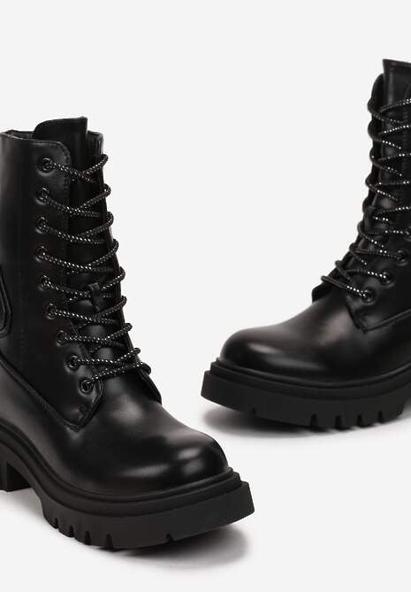 Czarne Sznurowane Botki Workery na Grubej Podeszwie z Paskiem w Cyrkonie Bazzare
