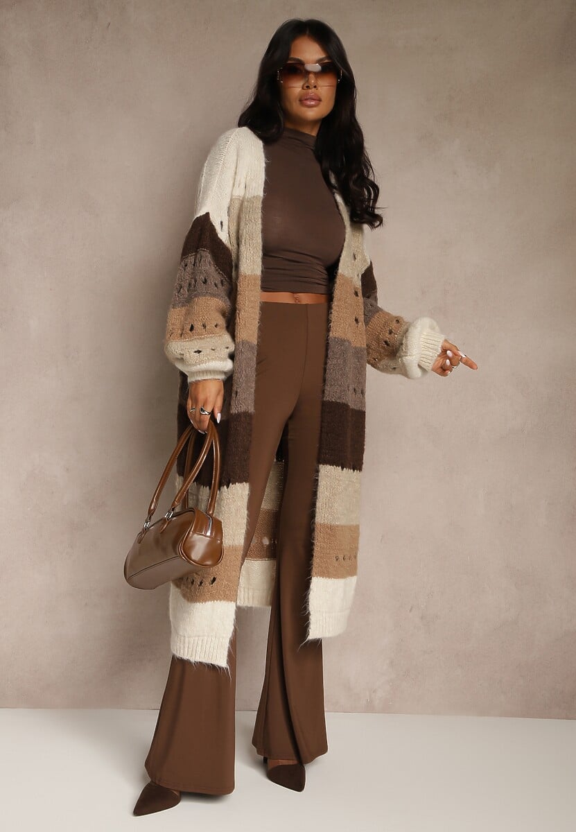 Beżowy Ażurowy Kardigan w Paski z Dodatkiem Wełny i Wiskozy o Długim Kroju Ilonine