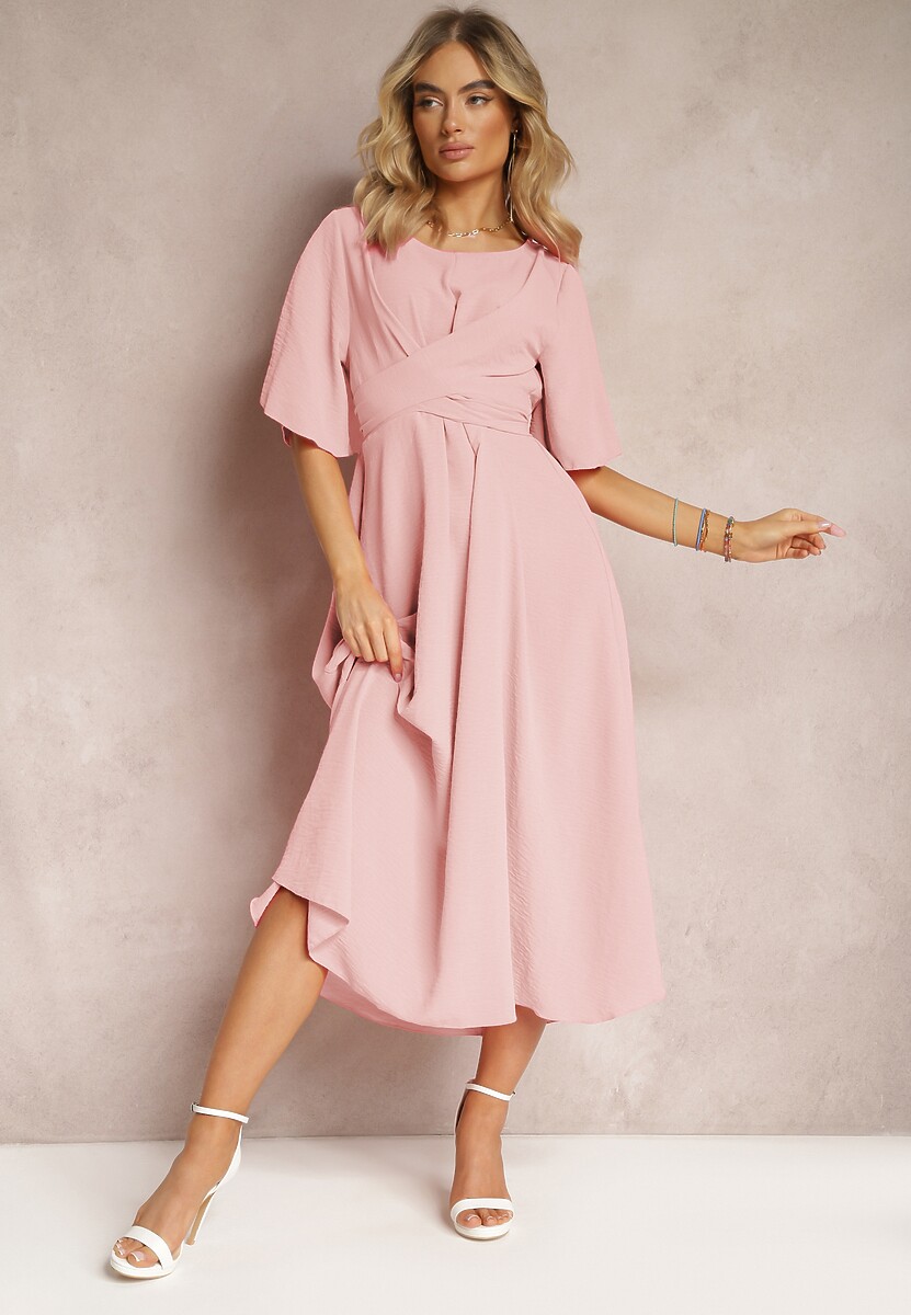 Jasnoróżowa Rozkloszowana Sukienka Maxi z Szerokim Rękawem i Gumką w Pasie Sador