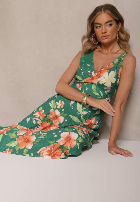 Ciemnozielona Plisowana Sukienka o Rozkloszowanym Fasonie na Szerokich Ramiączkach Nitanela