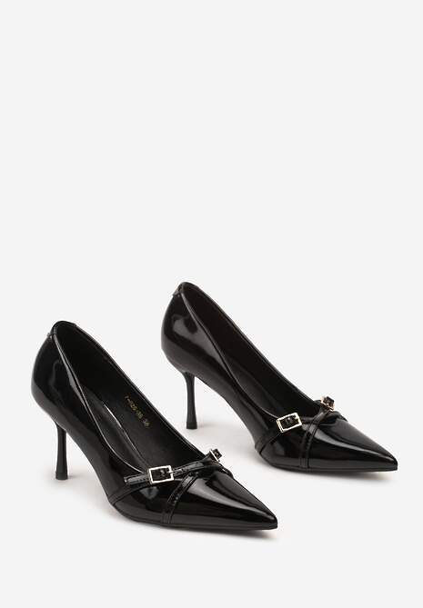 Czarne Lakierowane Szpilki Vices z Klamrami i Paskami Tamirella