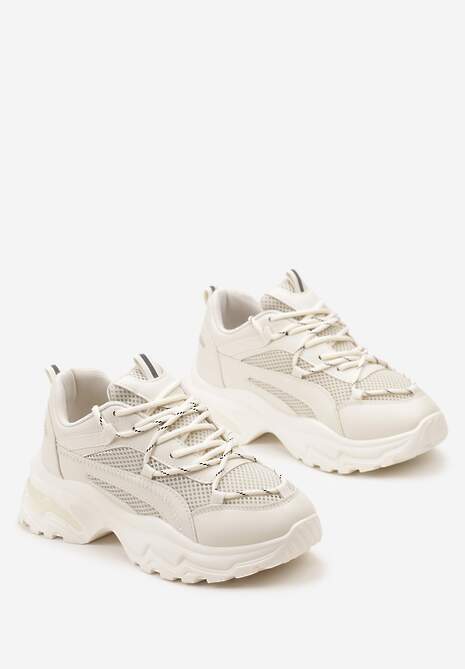 Beżowe Sneakersy na Grubej Nieregularnej Podeszwie z Odblaskowymi Wstawkami Ollavia