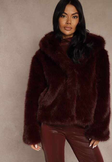 Bordowa Kurtka Futerko z Nieodpinanym Kapturem Vetisala