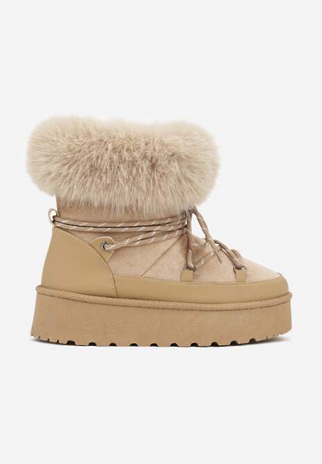 Ciemnobeżowe Śniegowce na Platformie Ozdobione Futerkiem Teswena