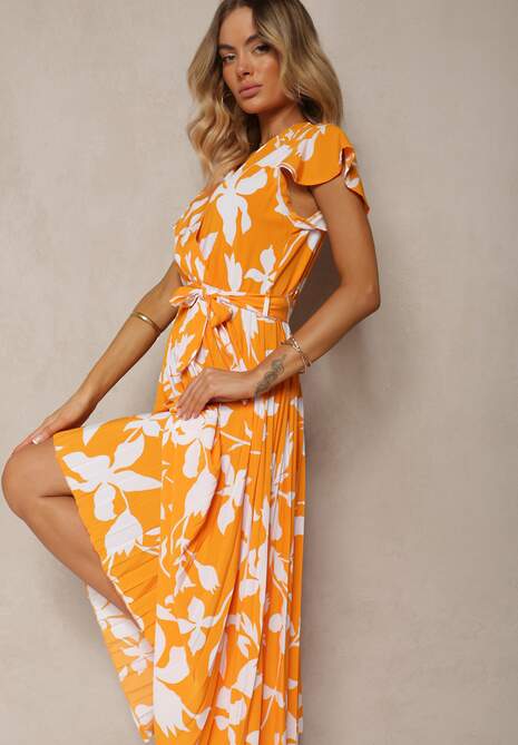 Pomarańczowa Sukienka z Kopertowym Dekoltem Plisowanym Dołem Wykończona w Talii Paskiem i Gumką Elsavia