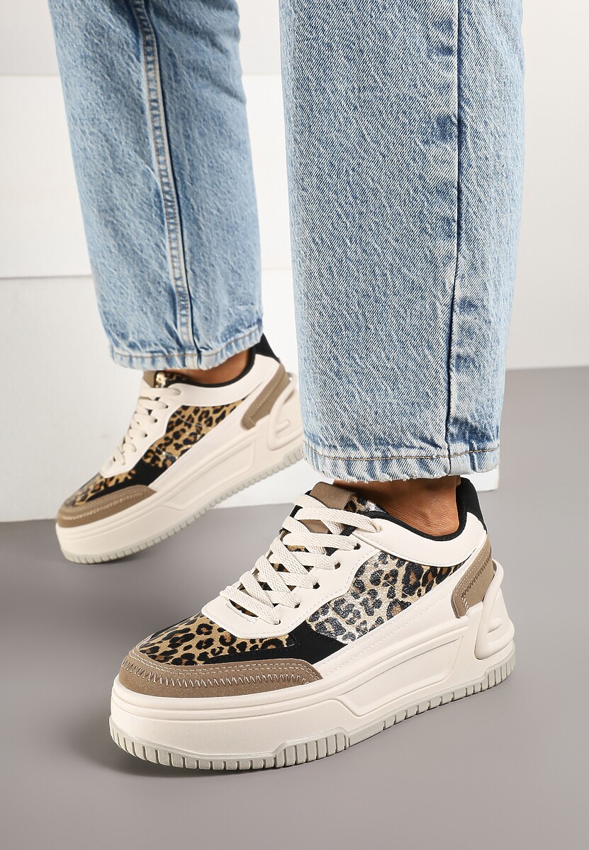 Beżowo-Brązowe Sneakersy na Tłoczonej Platformie Ozdobione Wzorem w Panterkę Deoranae