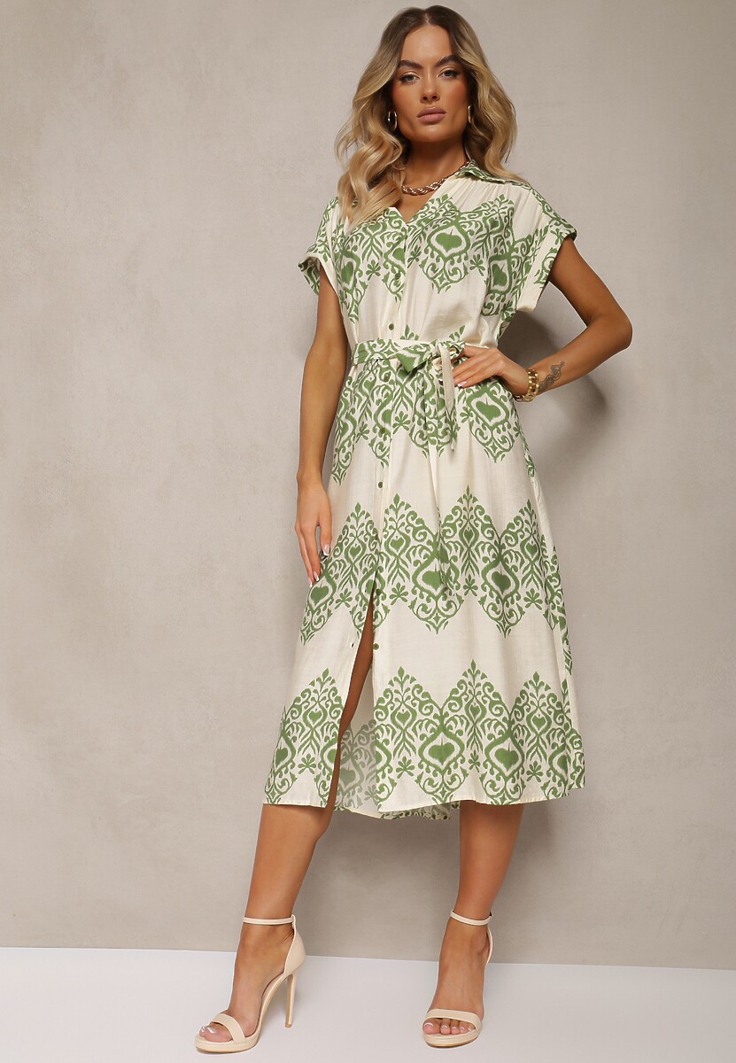 Zielono-Beżowa Sukienka Boho na Guziki z Wiskozą Ozdobiona Paskiem Mosofia