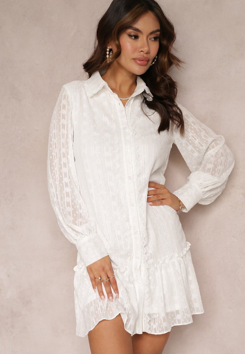 Biała Koronkowa Sukienka Koszulowa z Falbanką Saniah