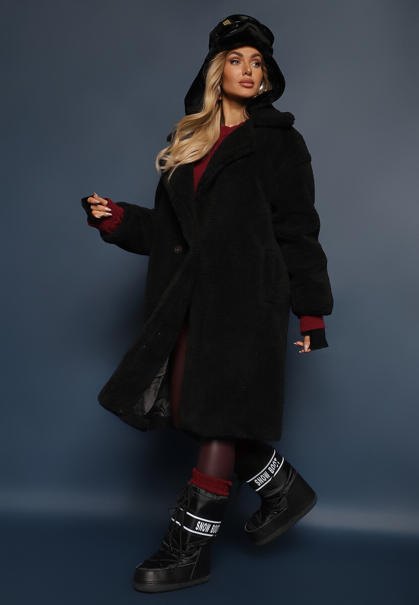 Beżowy Futrzany Płaszcz Teddy Zapinany na Guziki Bathalasa