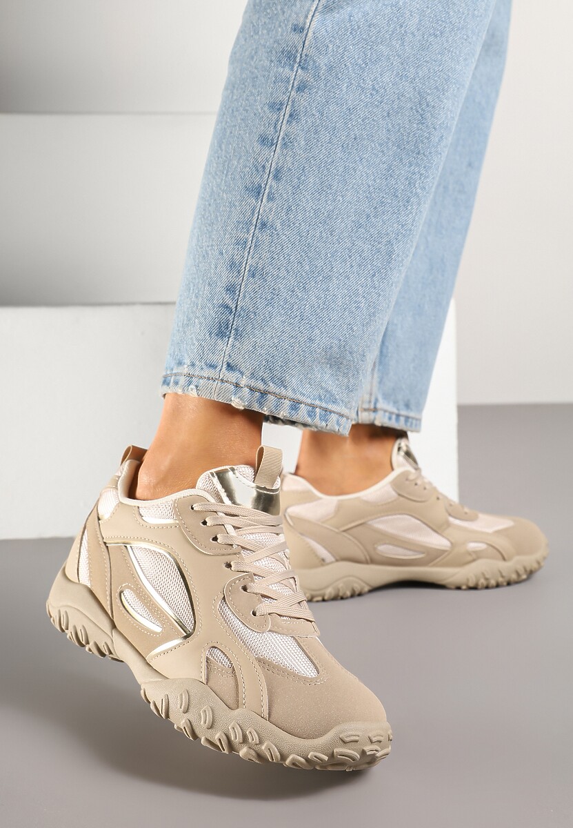 Ciemnobeżowe Sneakersy Ozdobione Tłoczoną Cholewką Pillitha