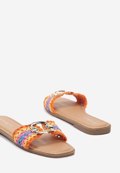 Pomarańczowo-Niebieskie Płaskie Klapki ze Złotą Klamrą Efimue