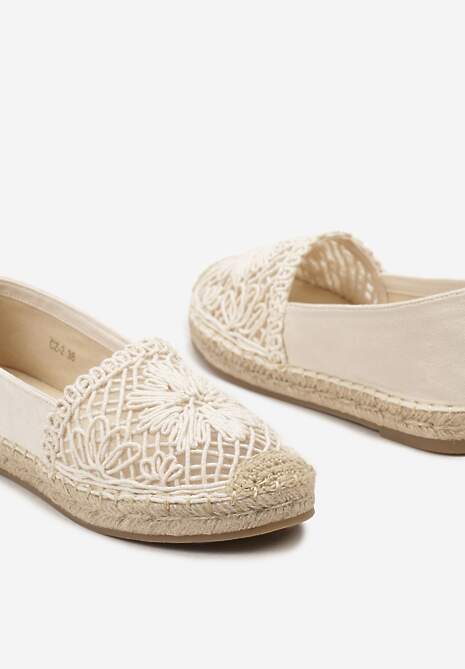 Beżowe Płaskie Espadryle z Ażurową Wstawką na Nosku i Plecioną Podeszwą Rowenas