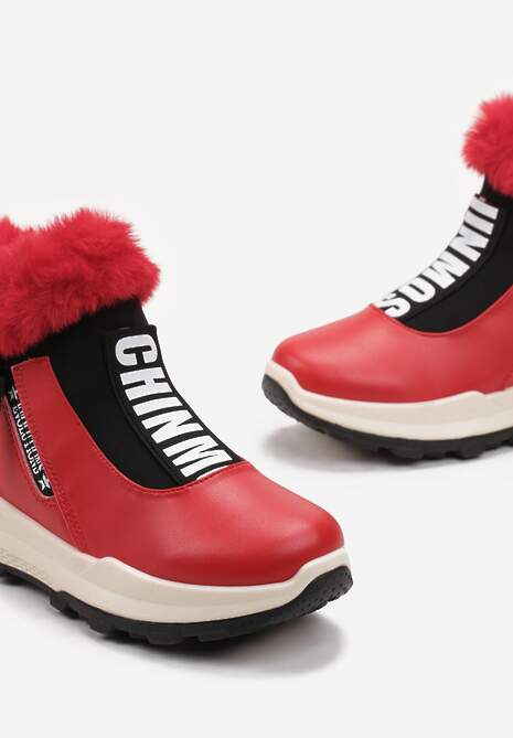 Czerwone Śniegowce za Kostkę z Nadrukiem i Futerkiem Glemenia