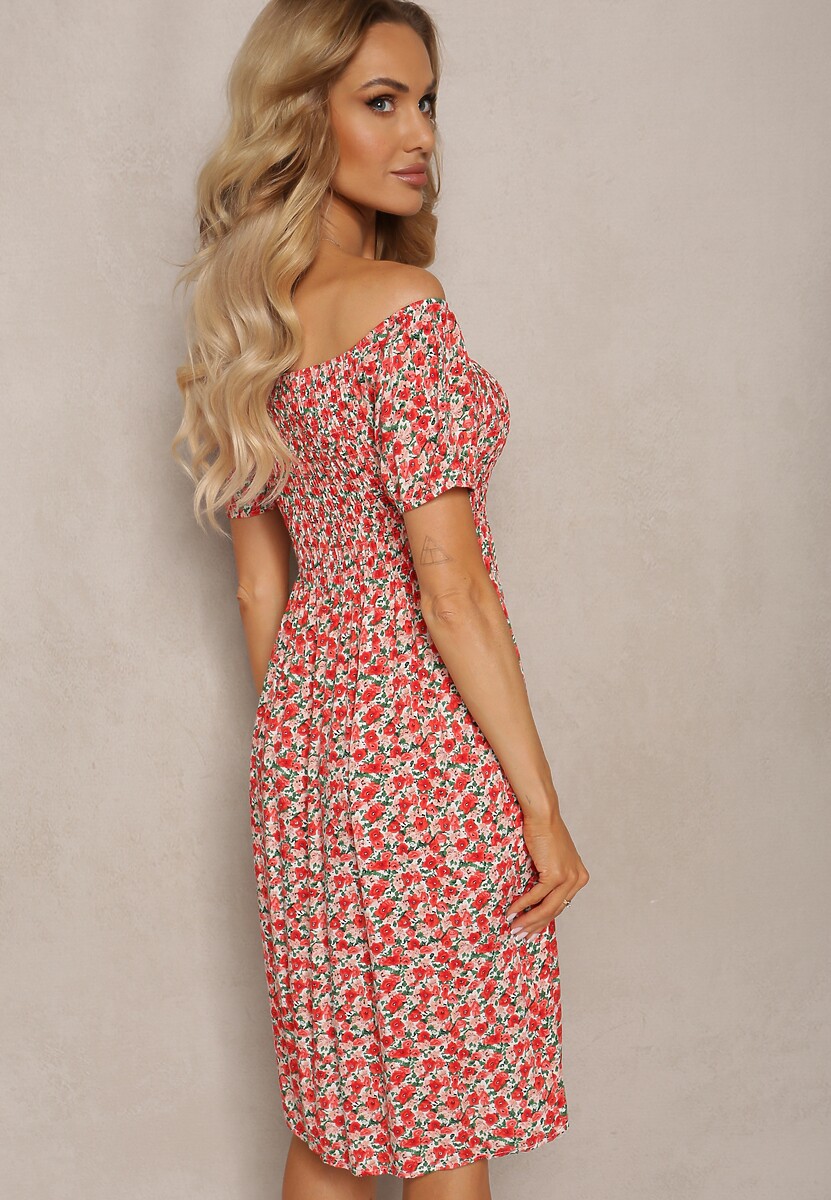 Czerwona Sukienka Typu Hiszpanka z Wiskozy z Gumkami w Talii Wiariana